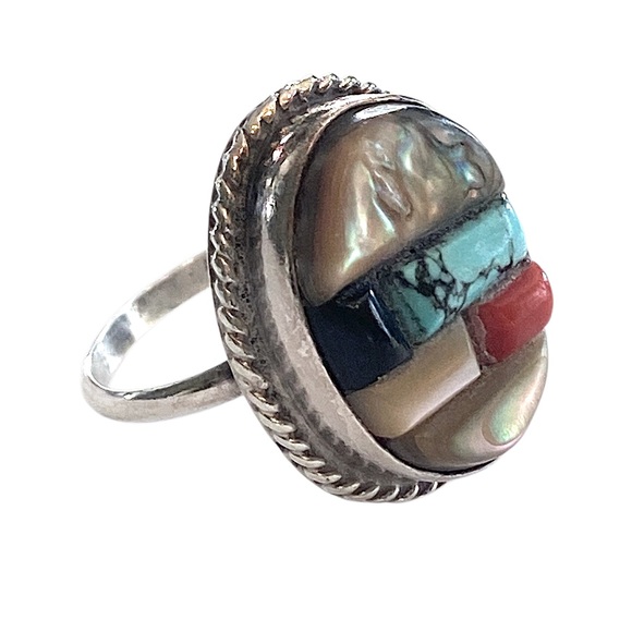 Native American Inlaid Stone Ring Turquoise Abalone Coral Sterling Silver 925 - Picture 2 of 5